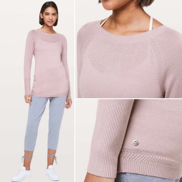 Lululemon Cashmere Knit Sweater V-Back Smoky Blush Purple Unity Drop Curved Hem - Picture 2 of 12